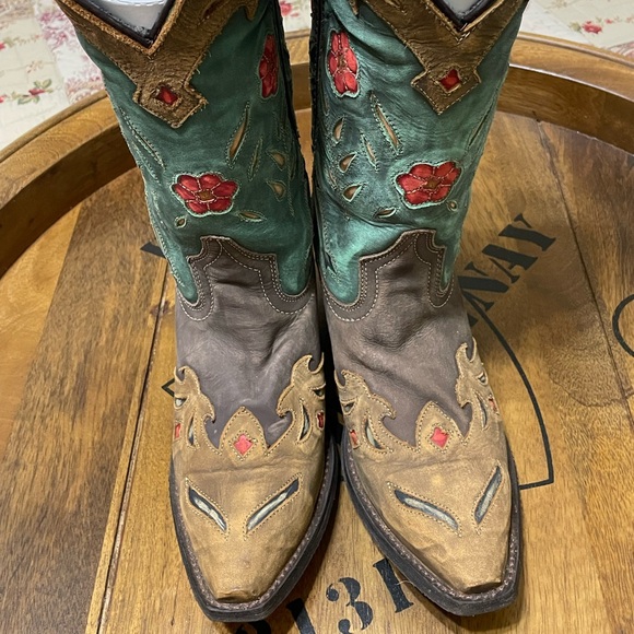 LAREDO Womens Tan Brown Teal Flower Cut Out Leather Western Cowgirl Boots Sz 6.5 - Picture 6 of 15